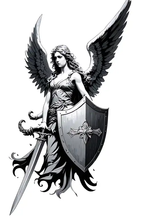 Angel With Sword And Shield And Wings Spread
