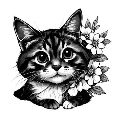 Happy Cat With Flowers Blooming