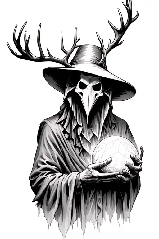 Plague Doctor Wearing Deer Mask Holding An Orb