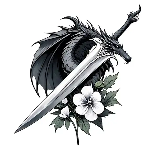 A Dagger With Violets Growing Around It With A Black Dragon Flying Behind It