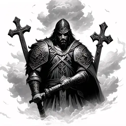 Alone Warrior With Crosses In Background Surrounded By Clouds