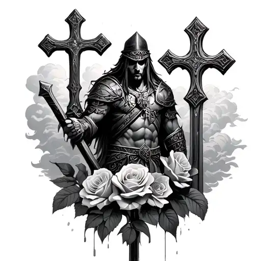 Alone Warrior With Crosses In Background Surrounded By Clouds And Roses