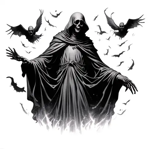 A Grim Reaper With Ghostly Figures Flying Around Him