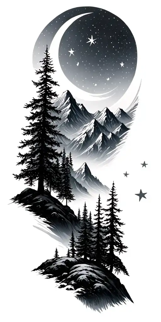 Mountains With Forest Stars And Moon Surrounded