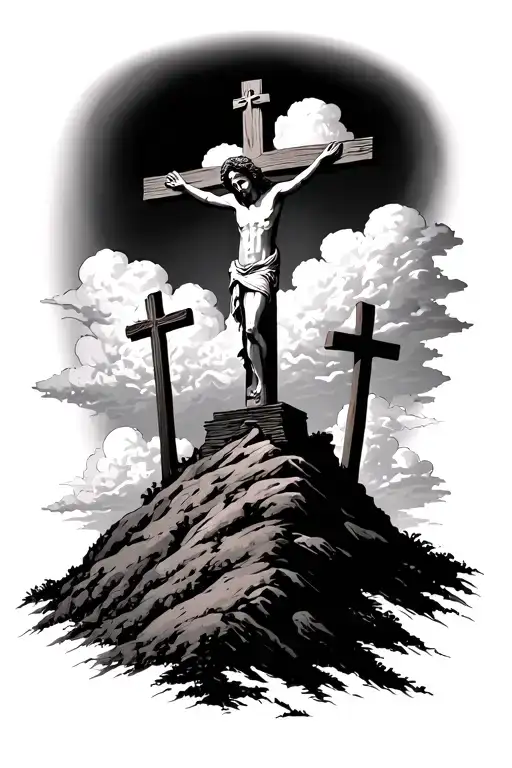 Hill With 3 Crosses And Clouds And Jesus Silhouette