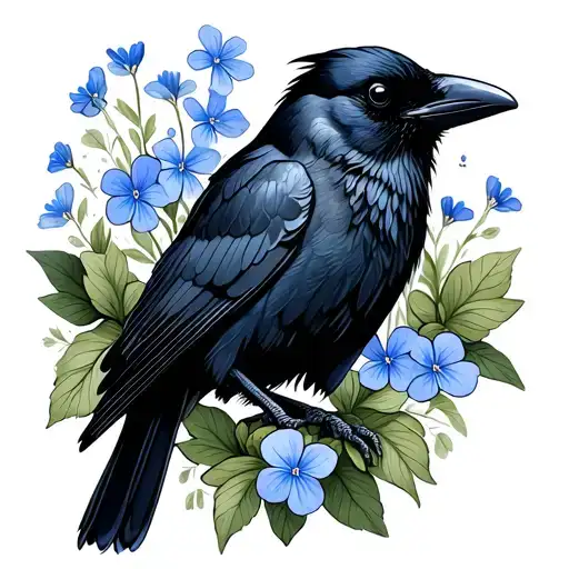 Crow With Forget Me Nots And Wood Sorrel
