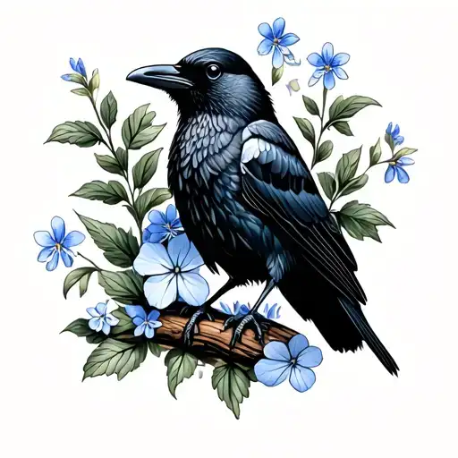 Illustrative Crow With Forget Me Nots And Wood Sorrel