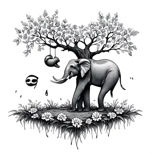 Forget Me Not Tree With Sloth Hanging And Elephant In Ground With Flowers Falling