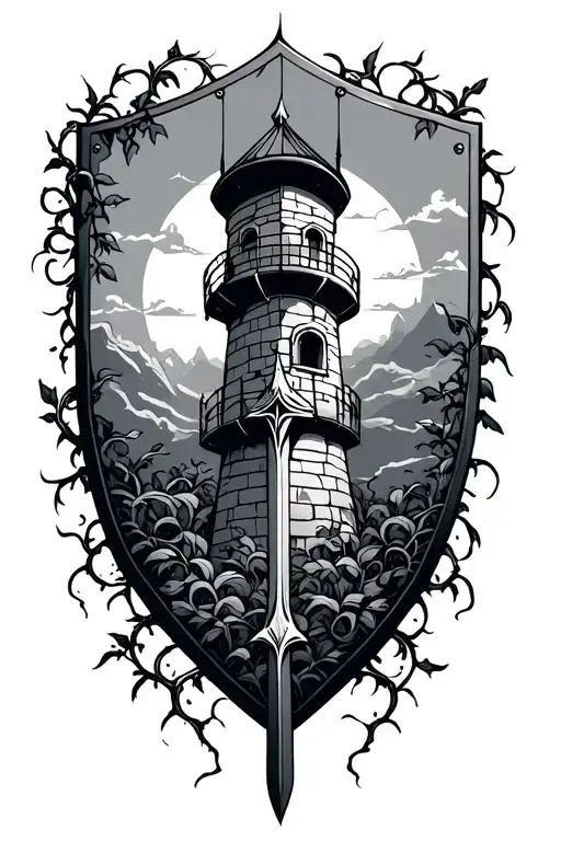 Shield With Watch Tower Surrounded By Vines And Having A Spear That Is Minimalistic