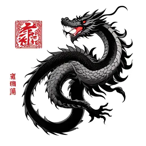 Japanese Dragon With Japanese Symbols Intertwined
