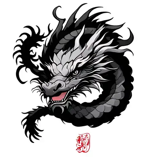 Japanese Dragon With Japanese Symbols Intertwined Symbolizing