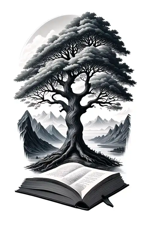Tree Of Knowledge Out Of A Book With Mountains Panorama