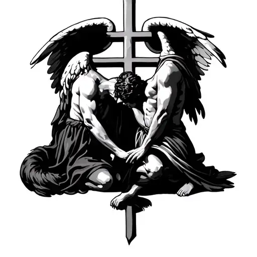 A Cross Under Him An Angel Bowing His Head And His Tail Hold Their Hands