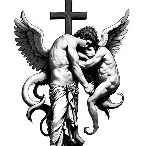 A Cross Under Him An Angel Bowing His Head And His Tail Hold Their Hands