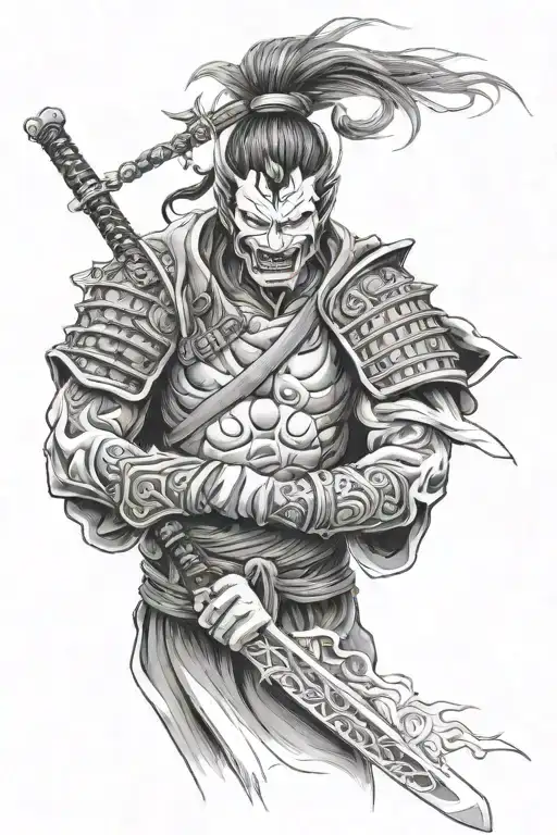 Full Sleeve With Samurai Warrior And Hannya And Oni Mask