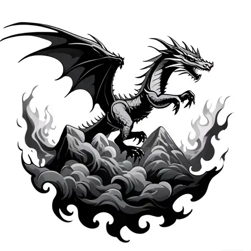 Dragon Flying Up Mountain Clouds And Flames