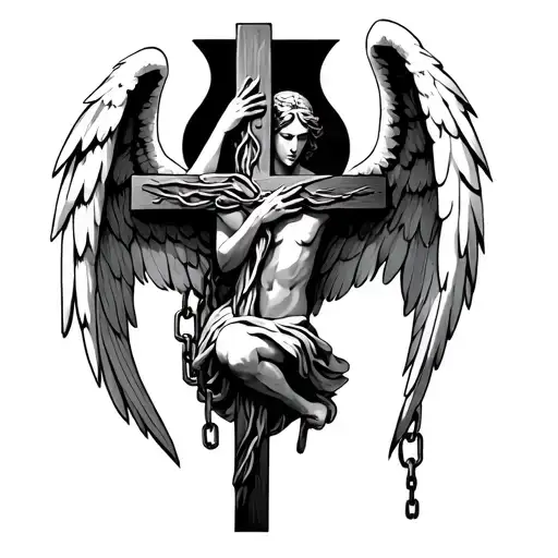 Fallen Angel Holding On To A Chain Attached To A Cross