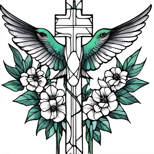 Stain Glass With Cross And Hummingbird Line Work