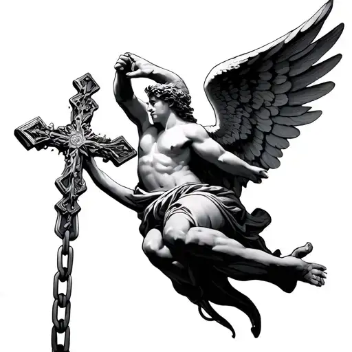 Fallen Angel Holding A Chain Attached Above A Cross