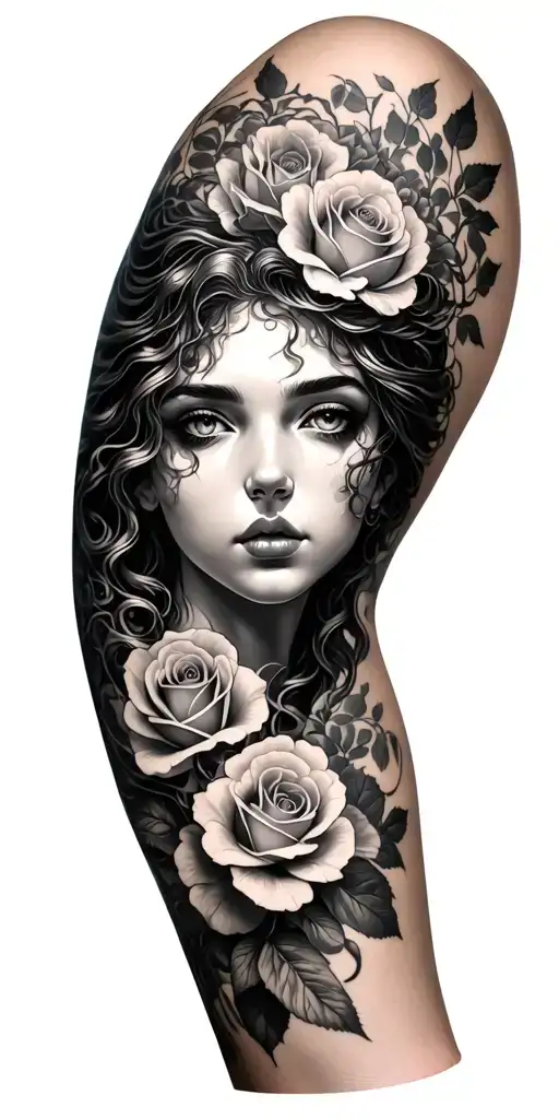 Medusa Themed Feminine Sleeve With Flowers Roses Blooming