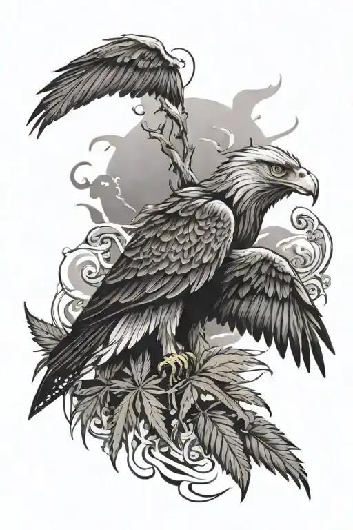 Cannabis Leaves And Ocean Waves And Eagle