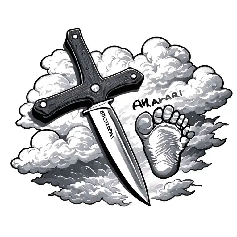 Knife Like A Cross Surrounded With Clouds And Footprint Of Baby And A Name Amari