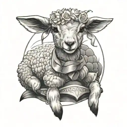 A Cute Lamb Wearing A Small Bow And Sitting On A Turtle