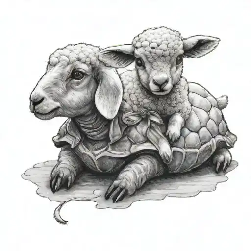 A Cute Lamb Wearing A Small Bow And Sitting On A Turtle Who's Looking At The Lamb