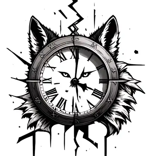 Broken Clock With Roman Numerals And Wolf Face Half Sleeve