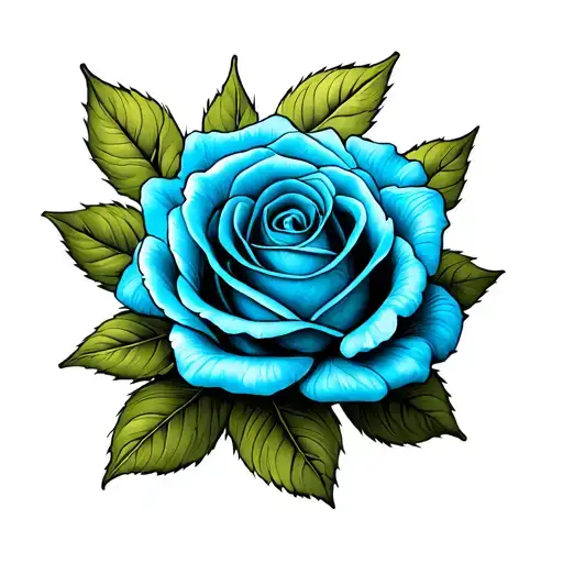 Blue Detailed Rose With Soft Shading And Green Leafs