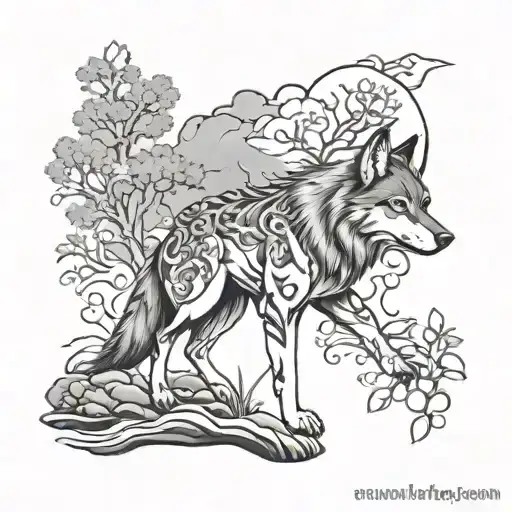 Japanese Wolf In Forest Half Sleeve