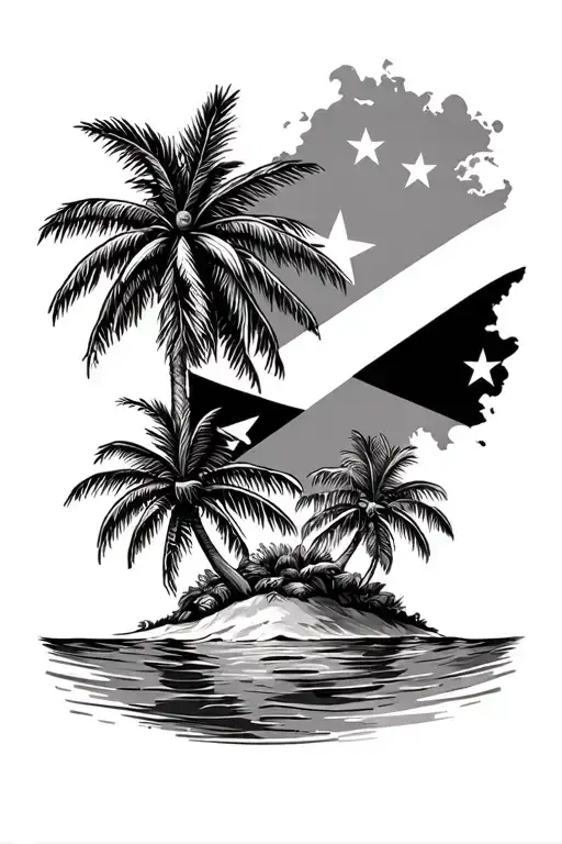Palm Tree Jamaican Flag And Puerto Rican Flag With Small Island Underneath Palm Tree Water Shore