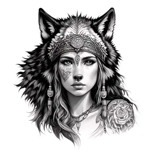 Woman With Wolf Headdress Being Worn