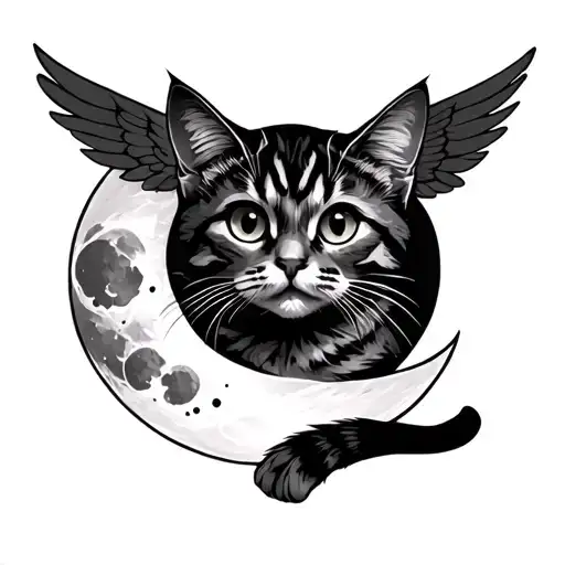 Cat With Wings And Moon Surrounded