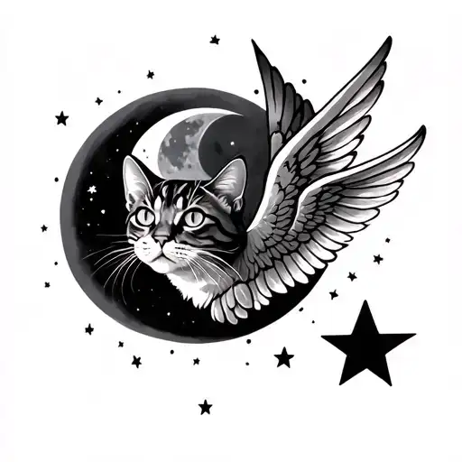 Cat With Wings And Moon Surrounded
