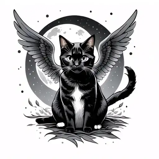Cat With Wings And Moon Surrounded