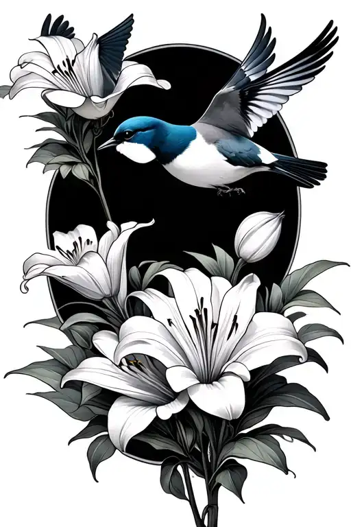 3 Small Birds Flying Holding Blooming Lilly Flowers