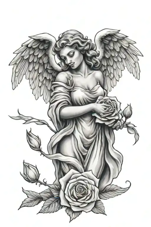 Angel With Wings Holding A Rose