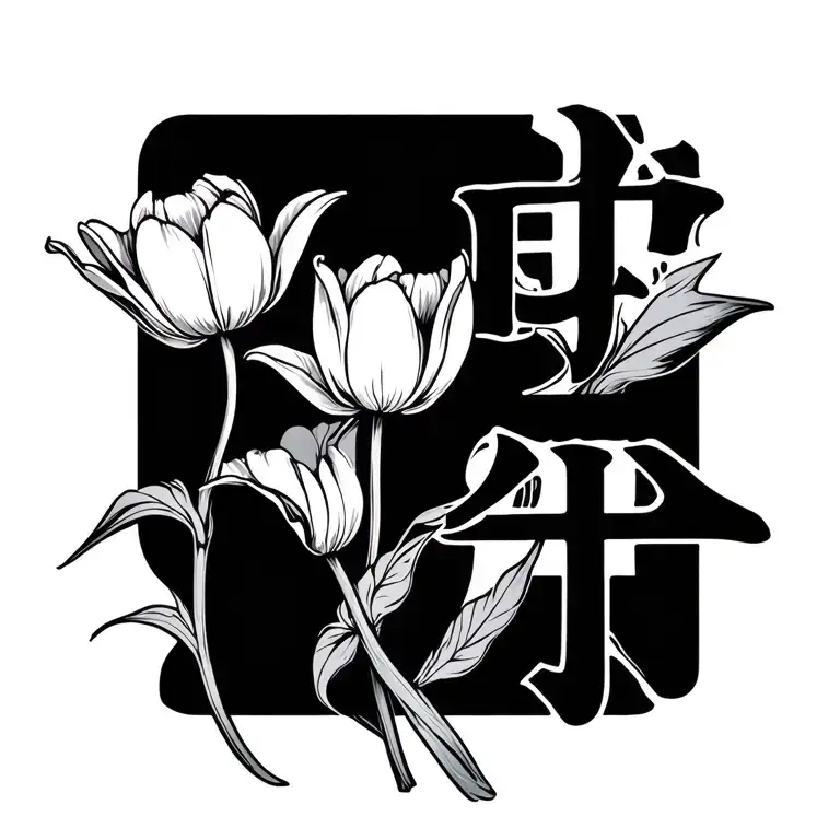 Fine Line Tattoo Of Traditional Chinese Character For Love And A Tulip