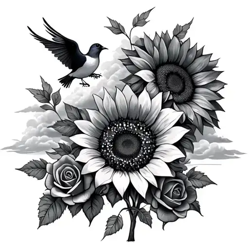 Sunflower And Roses With Birds And Clouds