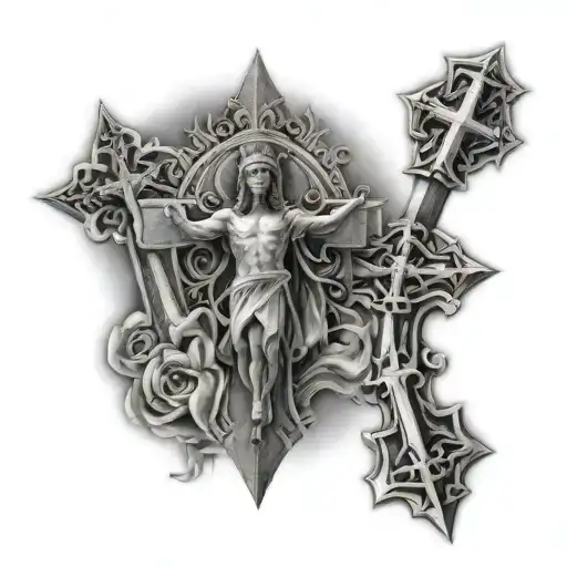 Three Crosses With De Jesus Under The Crosses With A Crown On Top Of The Middle One