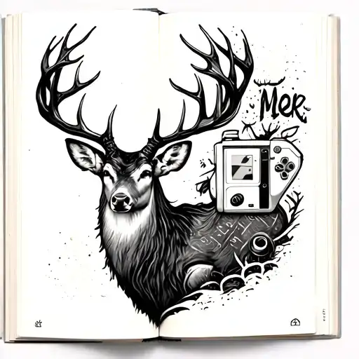 Book With A Deer With Tree-shaped Antlers On One Page And Video Game Objects On The Other Page