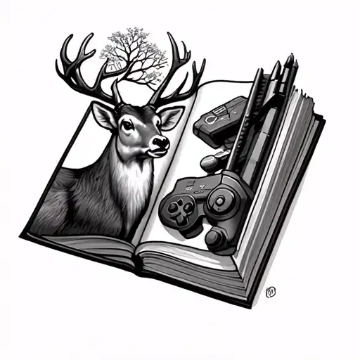 Book With A Deer With Tree-shaped Antlers On The Left Page And Video Game Objects On The Right Page