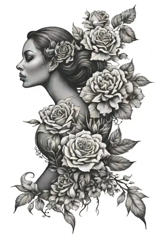 Female Silhouette Merged With Bunch Of Various Flowers