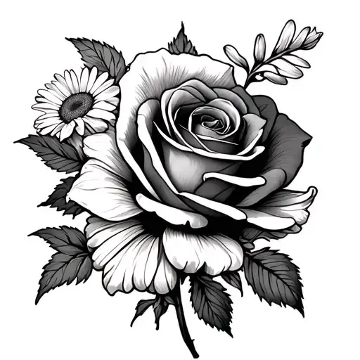 Rose Intertwined With Marigold Flower Daisy Daffodil