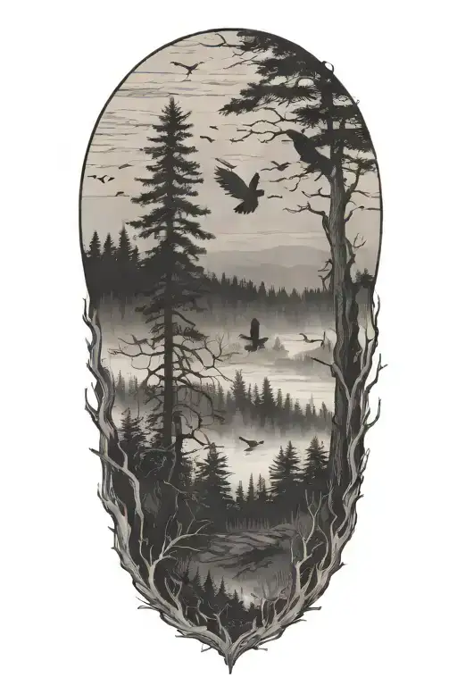 Haunted Forest Scene Featuring Crows Flying In The Distance
