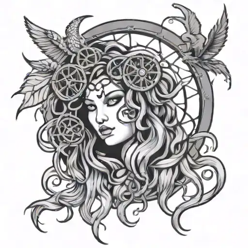 Medusa With Her Hair Turning Into A Dream Catcher