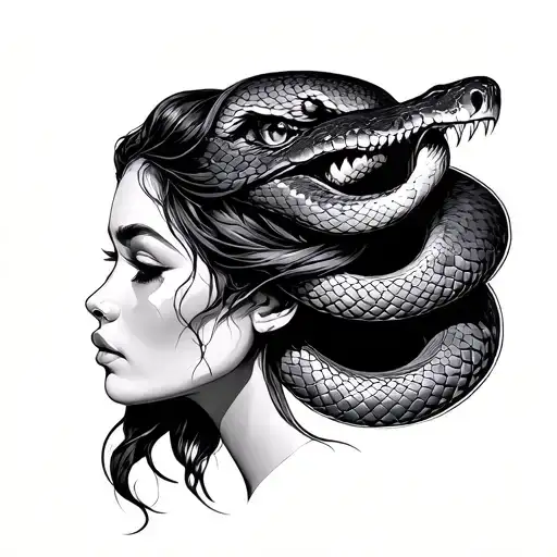 Snake Face On Woman Side Profile Thin Line