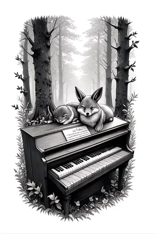 Fox And Bunny Sleeping On A Piano Forrest In The Background