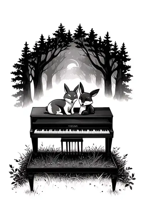Fox And Bunny Sleeping On A Piano Forrest In The Backround
